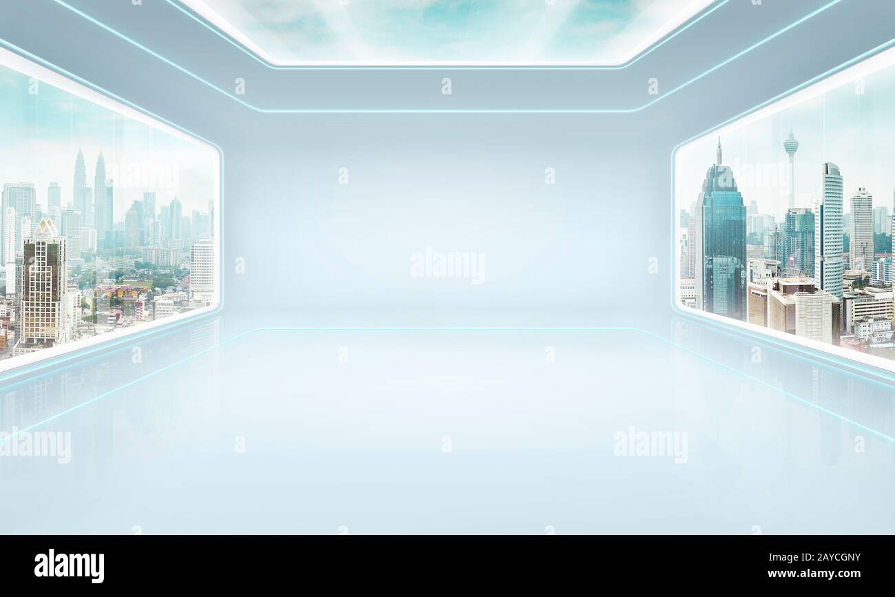 Futuristic pure white interior design of modern showroom with large windows and city urban landscape . Mixed media . Stock Photo