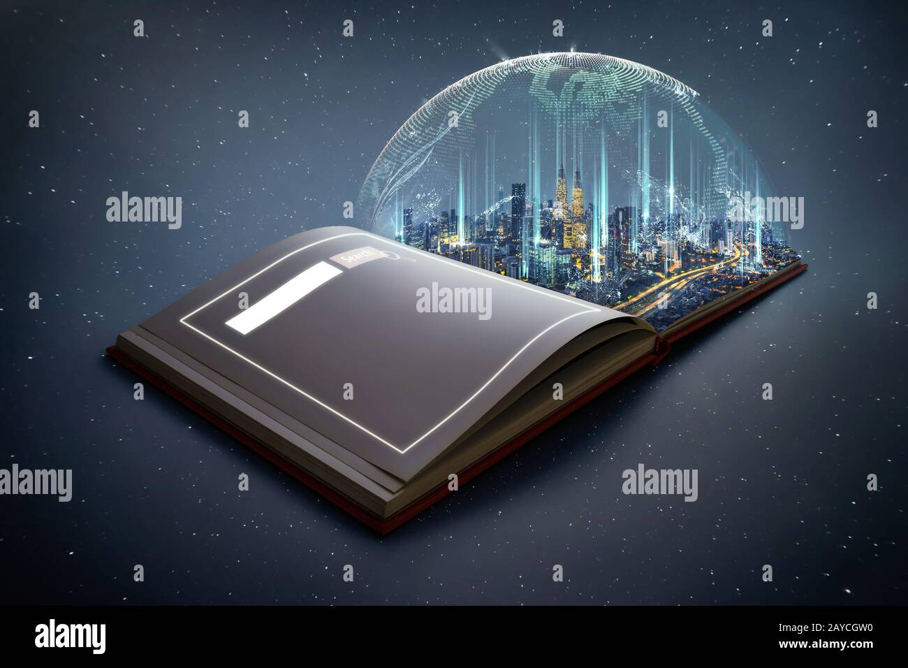 Night beautiful scene of modern city skyline pop up in the open book pages with smart Global world searching engine network conn Stock Photo
