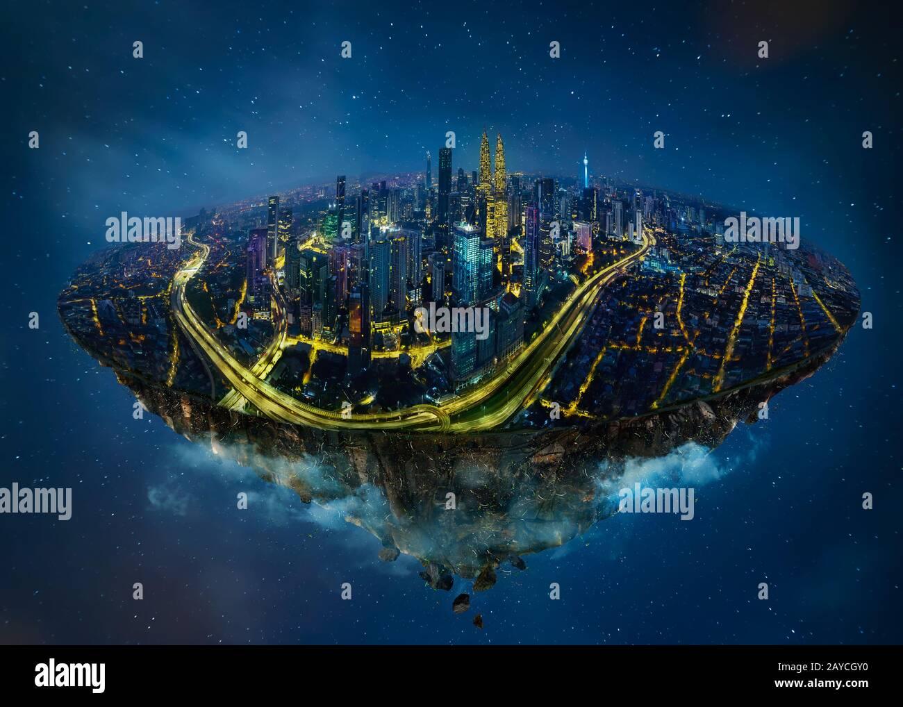 Fantasy island floating in the air with modern city skyline Stock Photo
