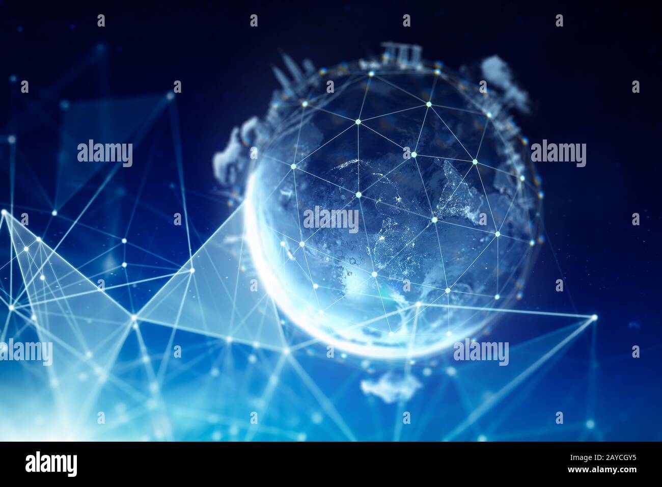 Abstract globe with connected dots wireless communication network on space . Global business concept . Stock Photo