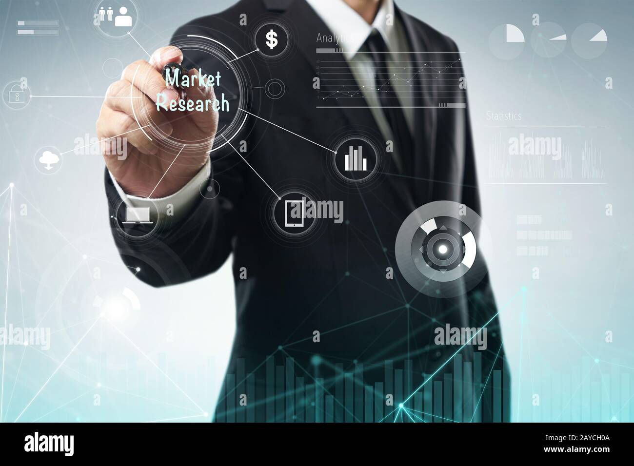 Businessman draw Market Research word on digital virtual screen . Hi-tech business concept . Stock Photo