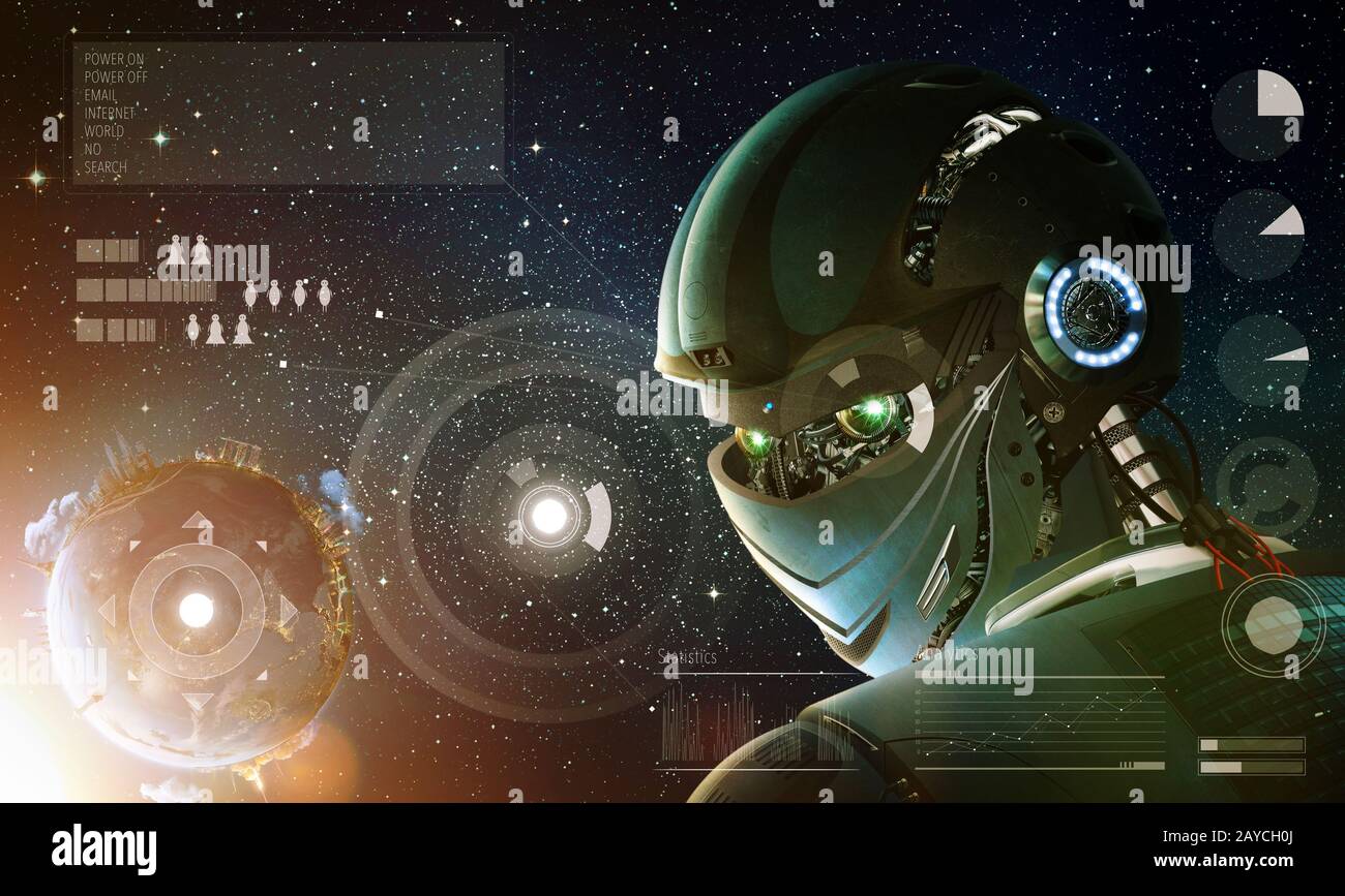 Robot stylish looking back with planet Earth from space. Future technology concept Stock Photo