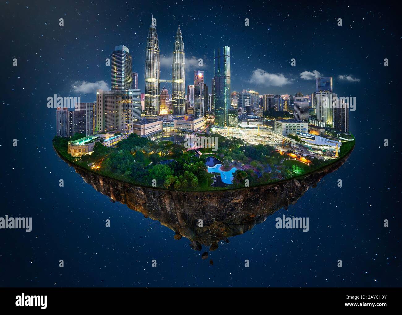 Fantasy island floating in the air with modern city skyline and lake garden Stock Photo