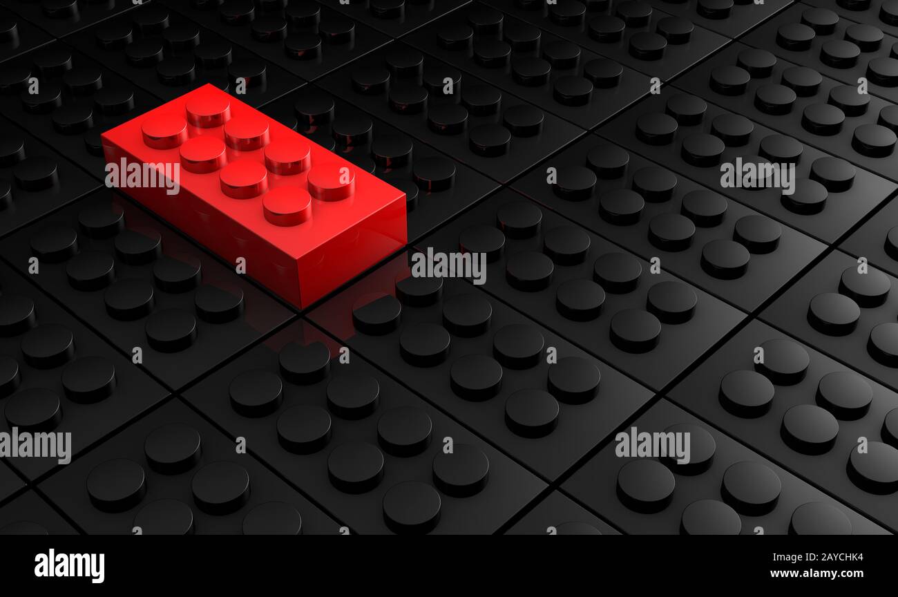 3D Rendering Red Toy Bricks Standing Out From Crowd Of Black Toy Bricks 3D Rendering Red Toy Bricks Standing Out From Crowd Of Black Toy Bricks