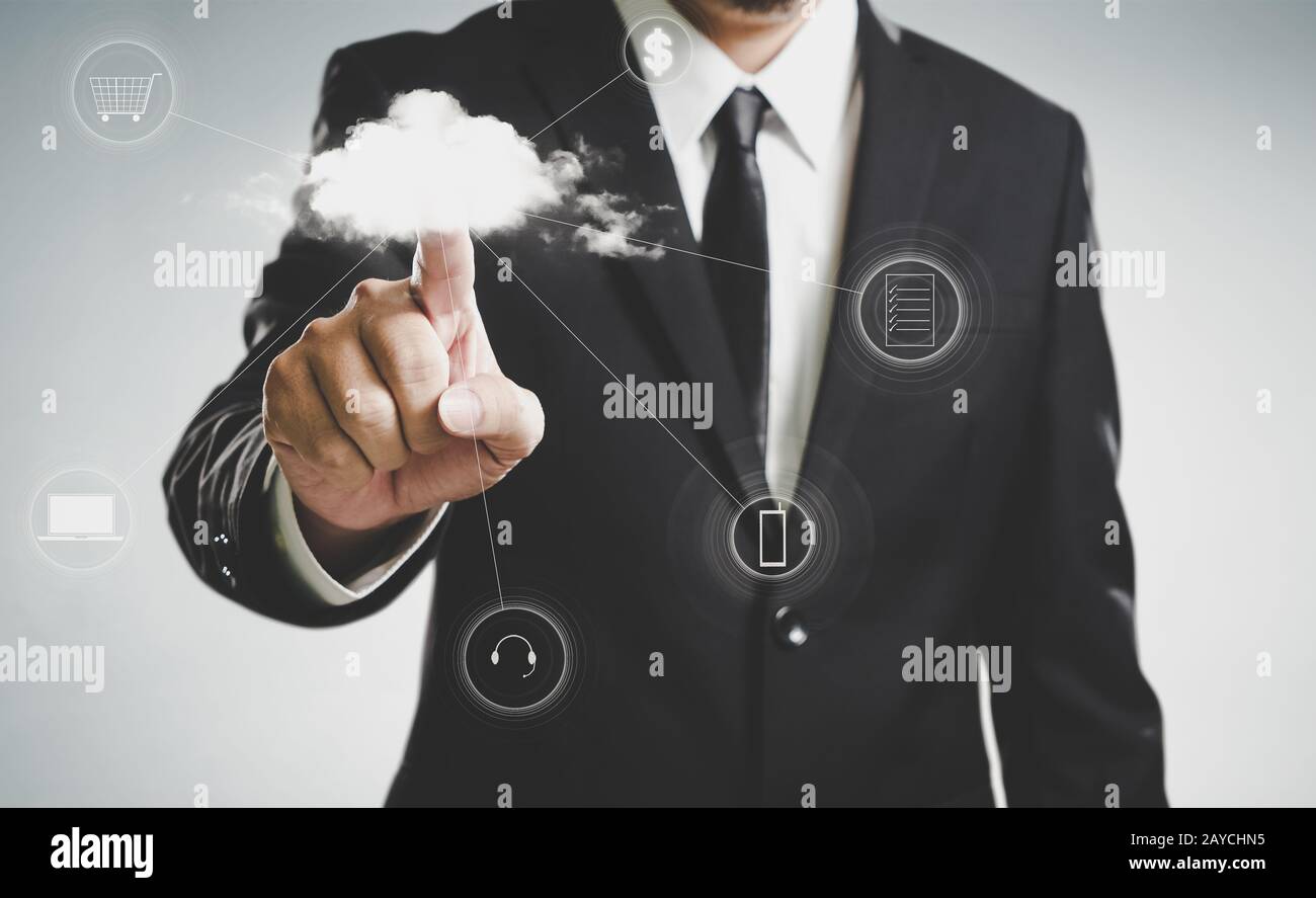 Businessmen press to the cloud server Stock Photo