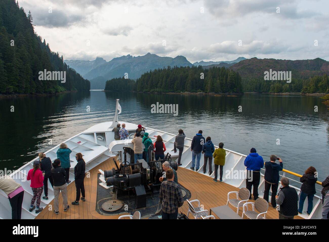 The cruise ship Safari Endeavour enters Red Bluff Bay on Baranof Island, Tongass National Forest, Alaska, USA. Stock Photo