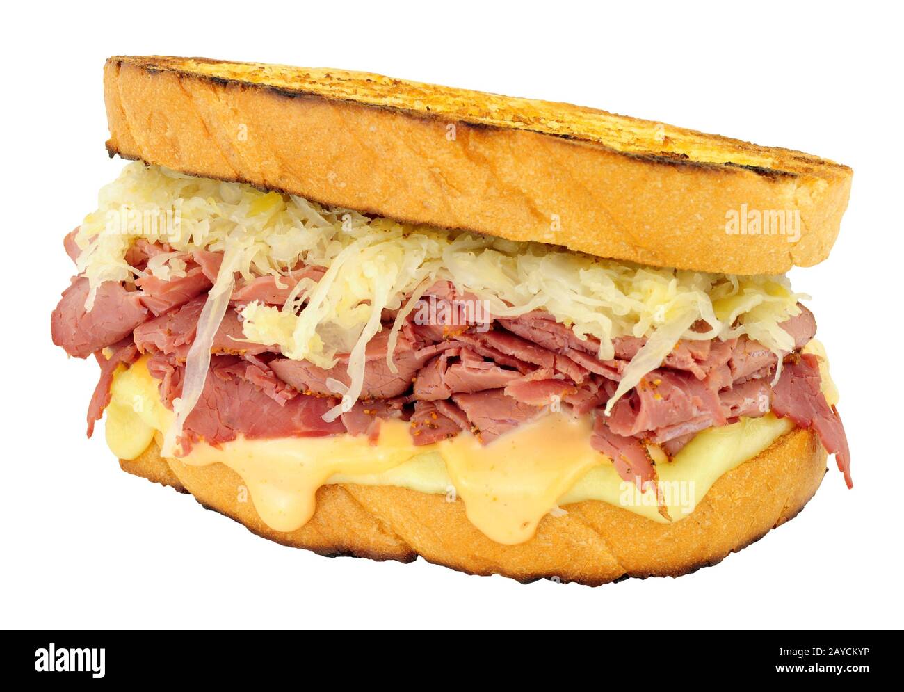 Pastrami Reuben style sandwich with sauerkraut and Swiss cheese