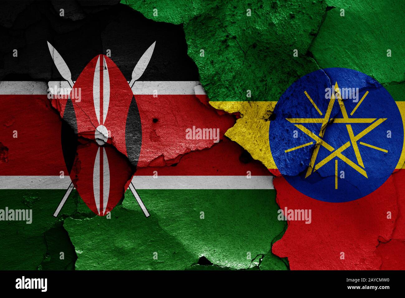flags of Kenya and Ethiopia painted on cracked wall Stock Photo