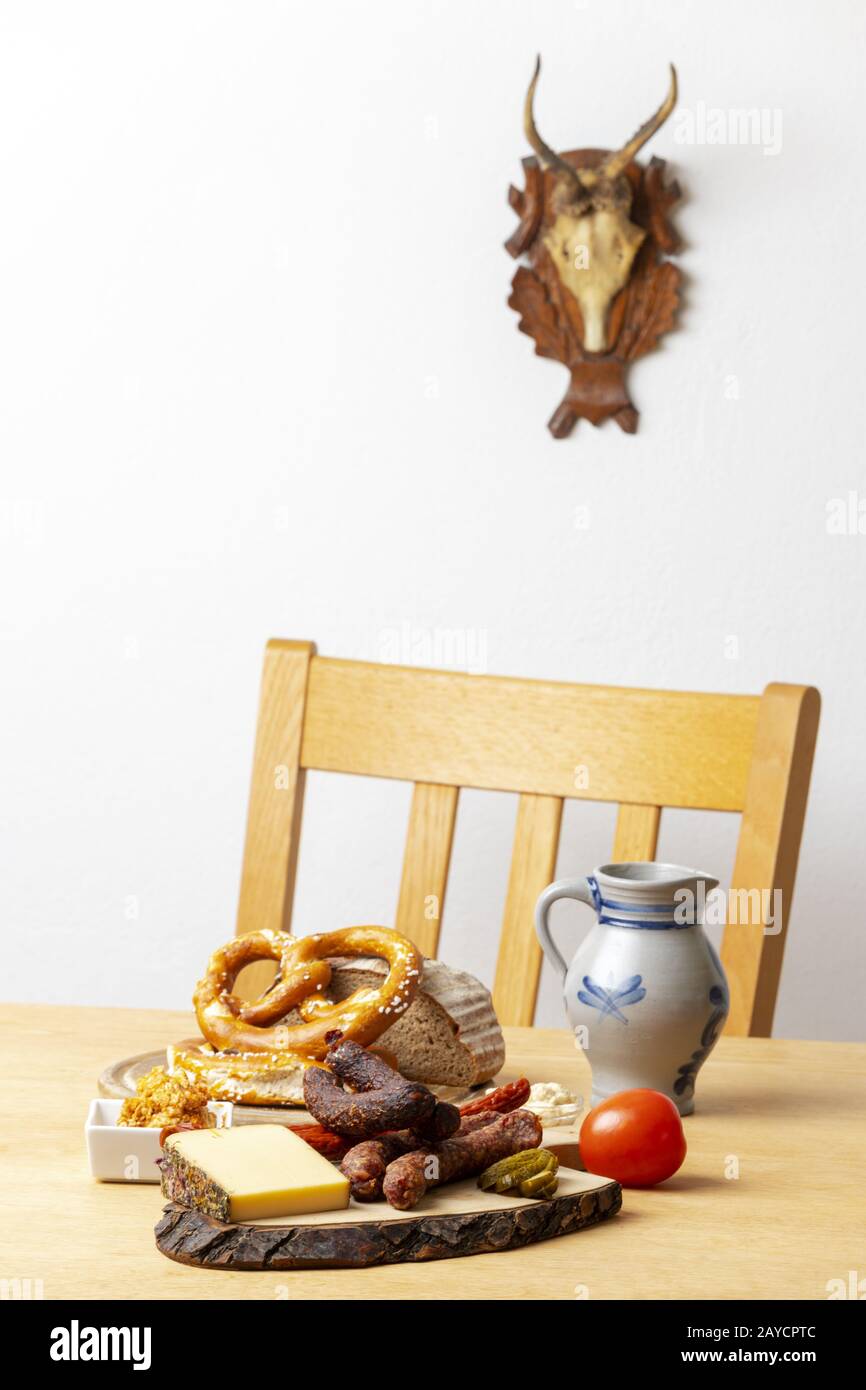 Brotzeit with cheese and beer Stock Photo