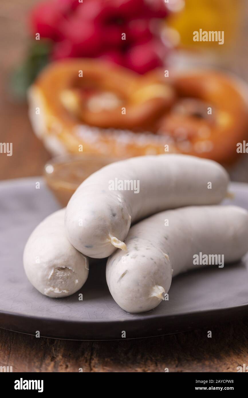 Bavarian veal sausage with pretzel Stock Photo Alamy