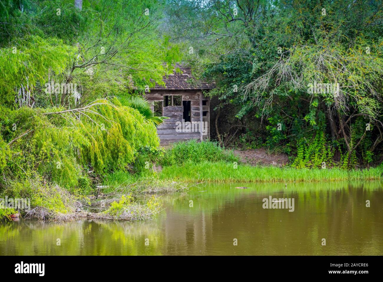 A beautiful small wooden house along the lake of Frontera Audubon Society, Texas Stock Photo
