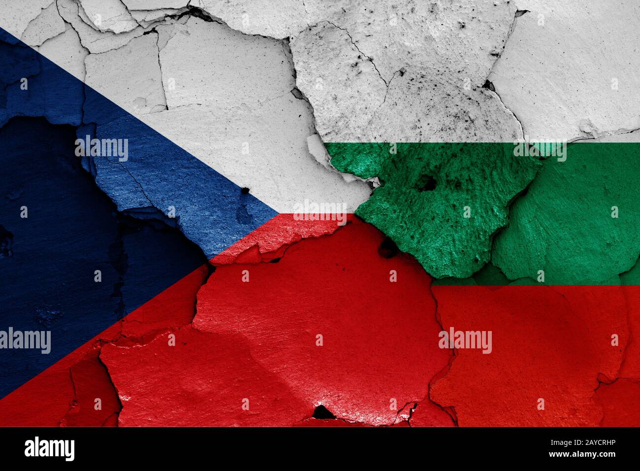 flags of Czechia and Bulgaria painted on cracked wall Stock Photo