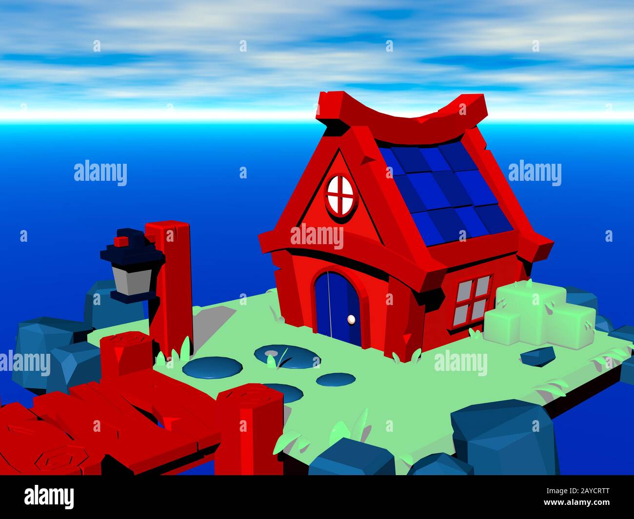 Cartoon house with jetty in the water Stock Photo