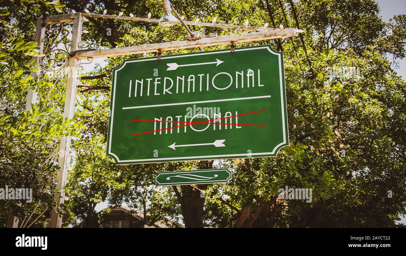 Street Sign to International versus National Stock Photo