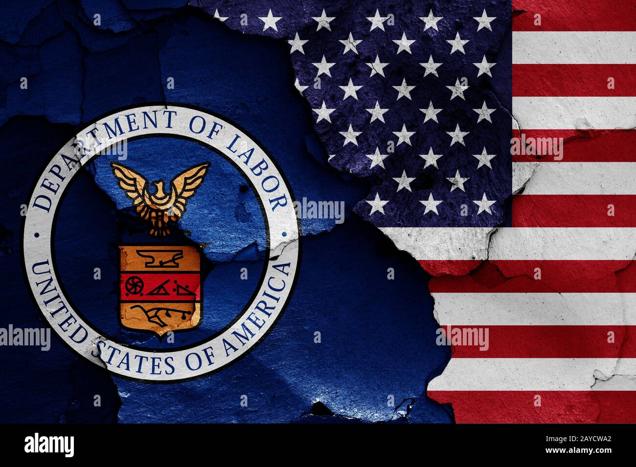 flags-of-department-of-labor-and-usa-painted-on-cracked-wall-stock-photo-alamy