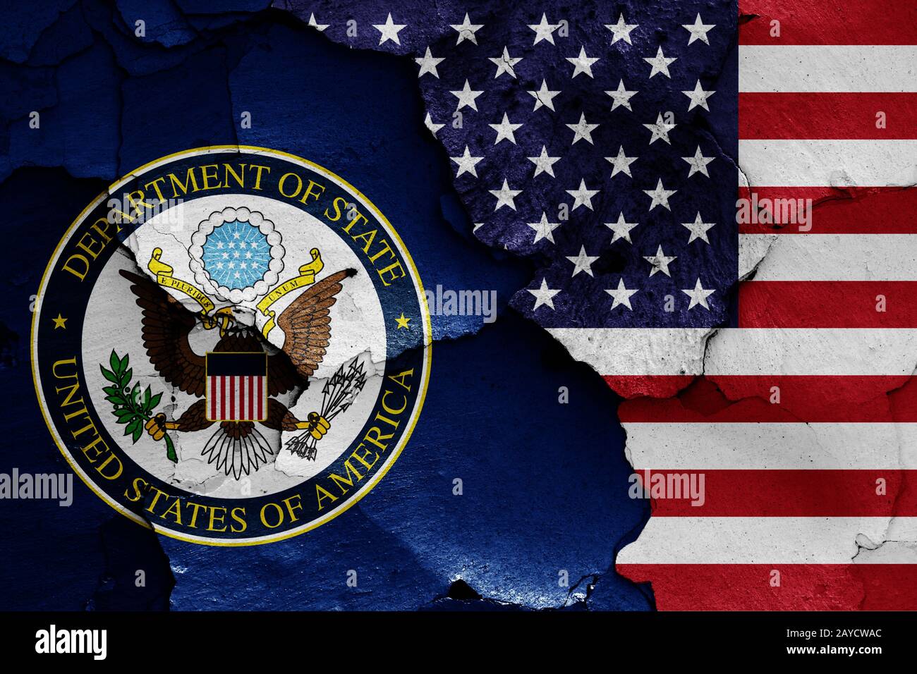 flags of Department of State and USA painted on cracked wall Stock Photo