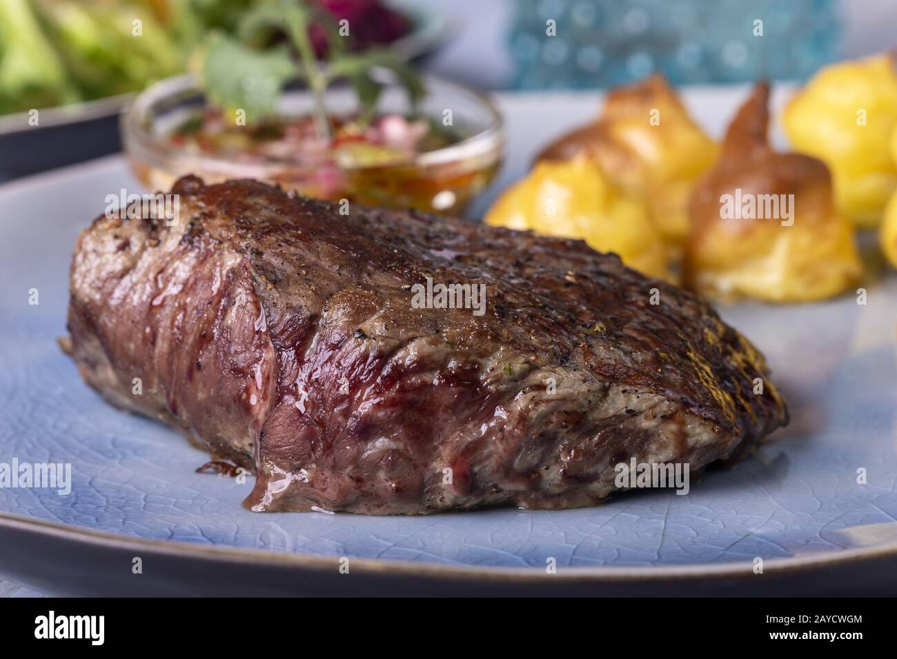 Steak with duchess potatoes Stock Photo Alamy