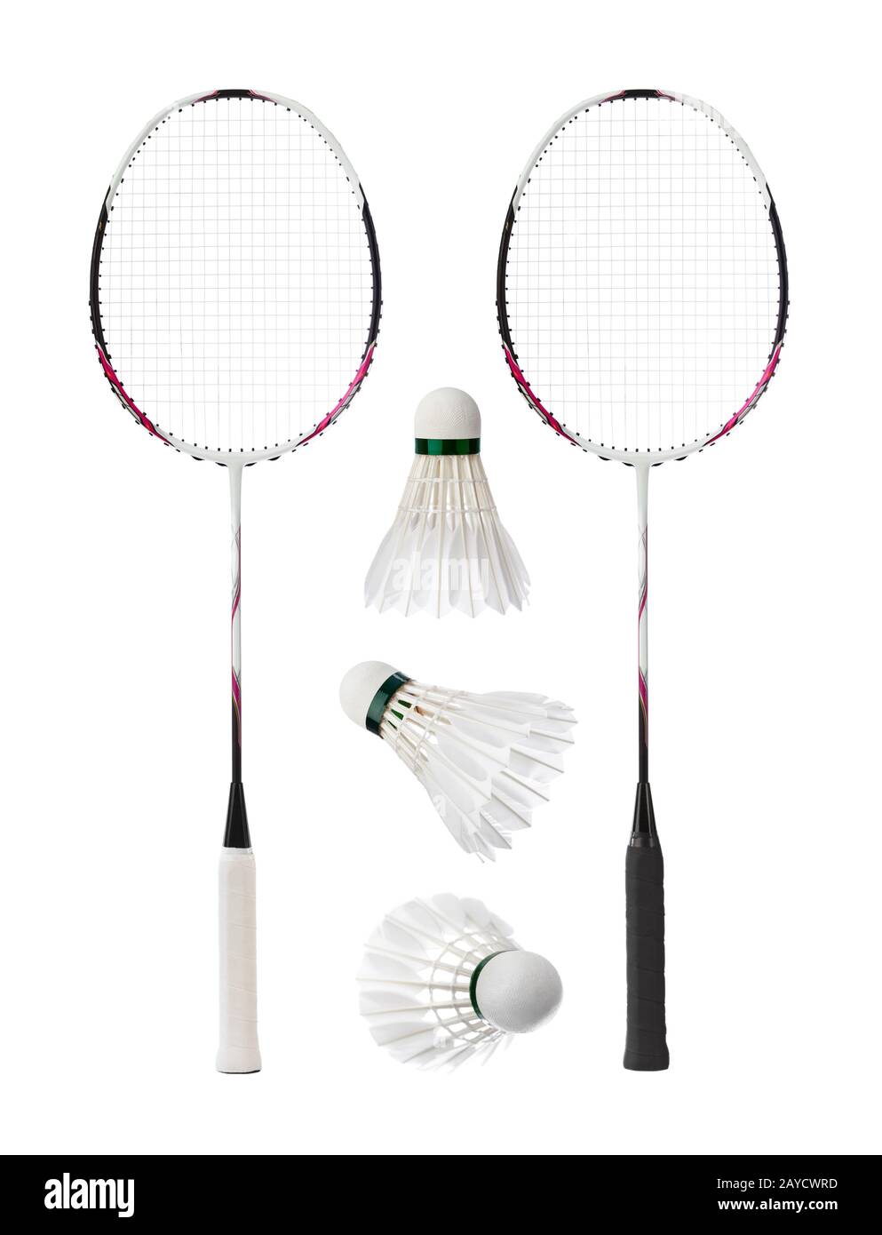 Badminton rackets and feather shuttlecocks Stock Photo