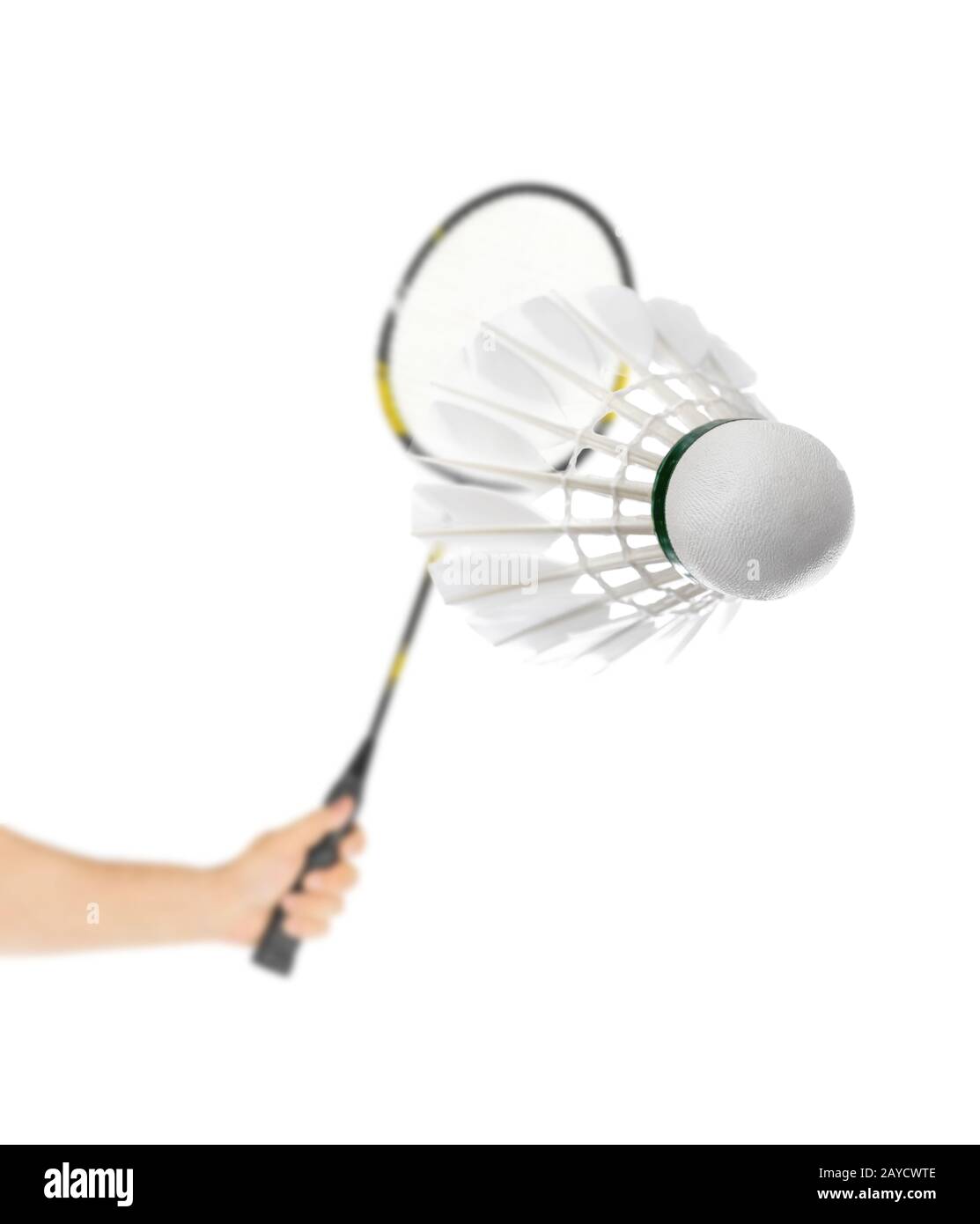 Hand with badminton racket and feather shuttlecock Stock Photo Alamy