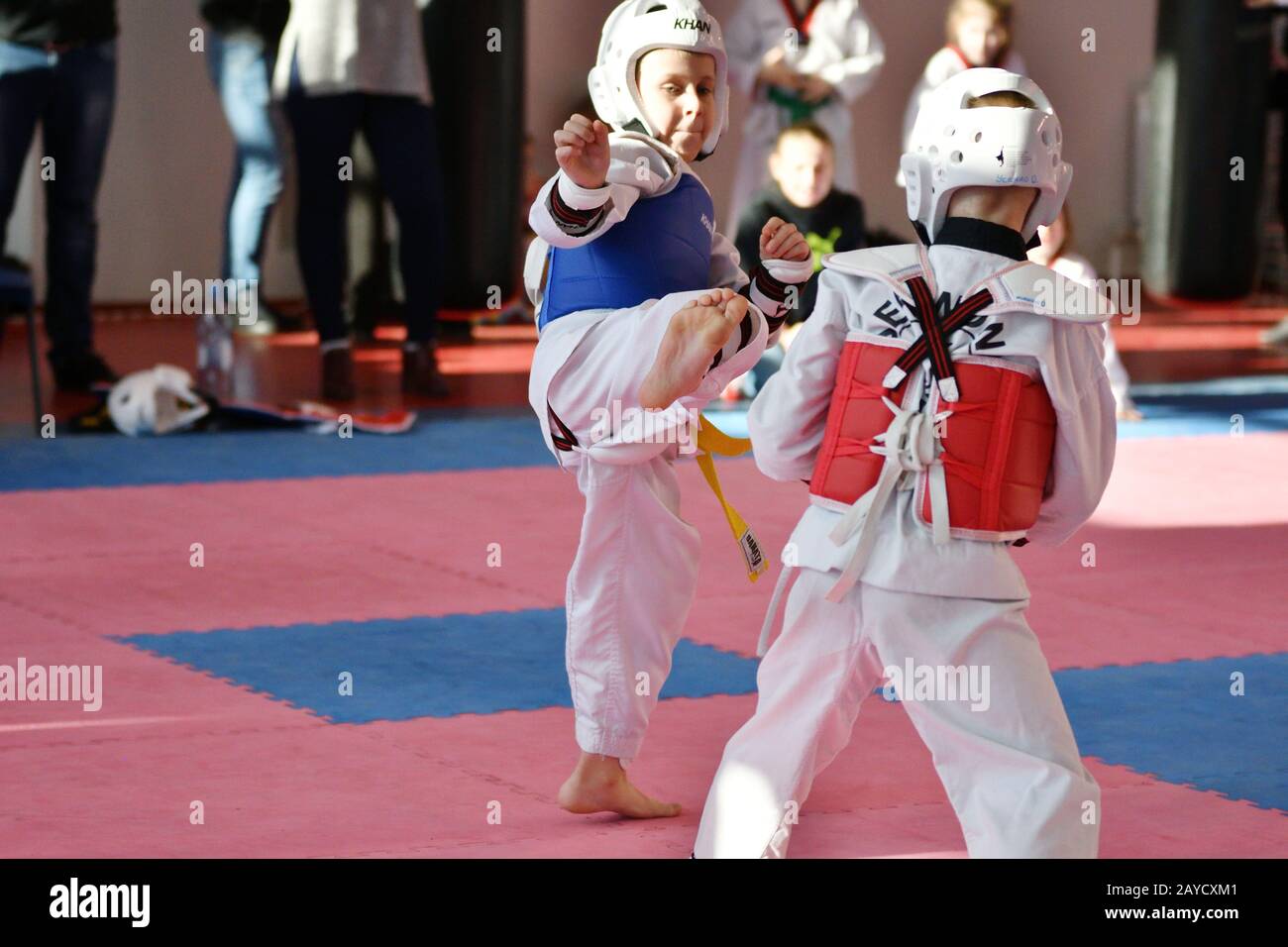 Orenburg, Russia - January 27, 2018 years: the kids compete in Taekwondo on the Championship School Stock Photo