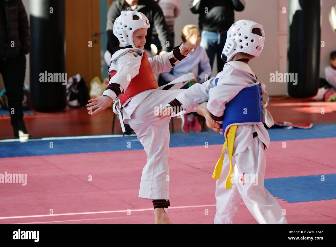 Orenburg, Russia - January 27, 2018 years: the kids compete in Taekwondo on the Championship School Stock Photo