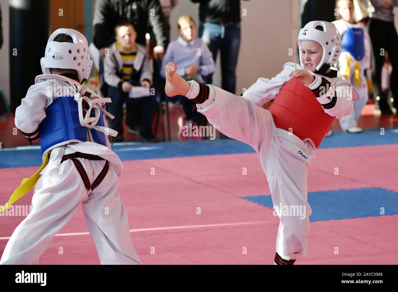 Orenburg, Russia - January 27, 2018 years: the kids compete in Taekwondo on the Championship School Stock Photo