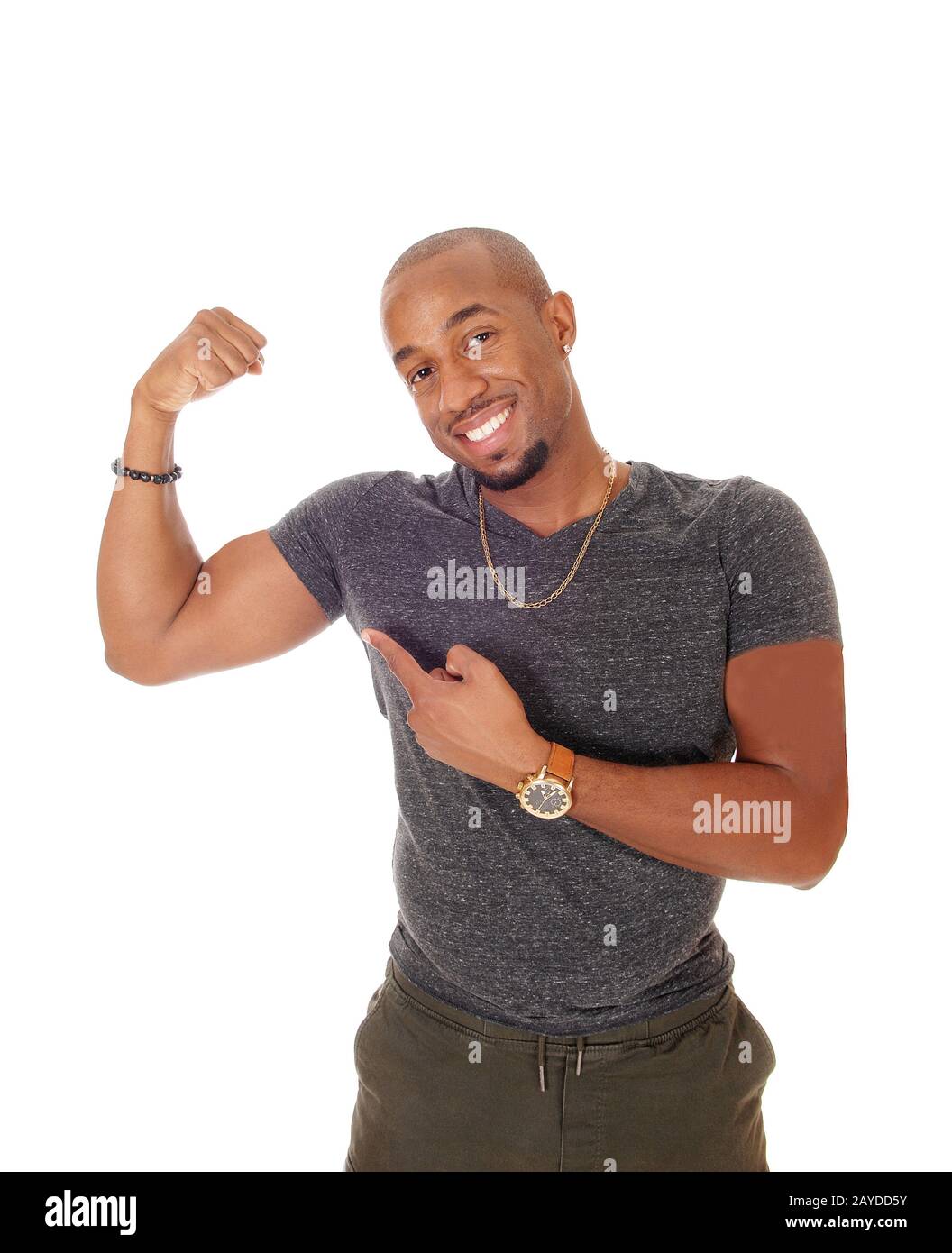 African man showing his muscles and smiling Stock Photo