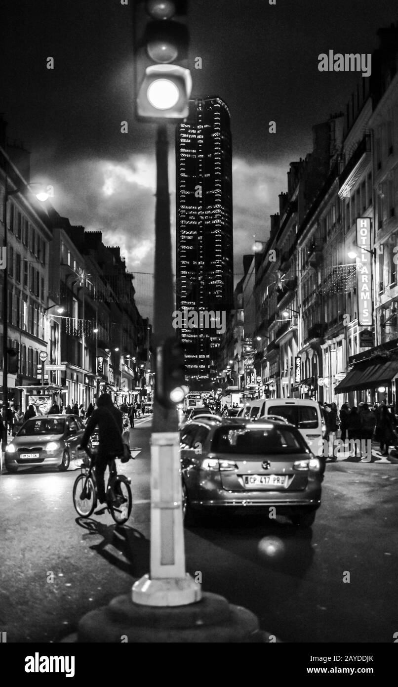PARIS FRANCE - RUE DE RENNES AND THE MONTPARNASSE TOWER BY NIGHT - BLACK AND WHITE STREET PHOTOGRAPHY -  PARIS STREET SCENE - PARIS URBAN LANDSCAPE  © Frédéric BEAUMONT Stock Photo