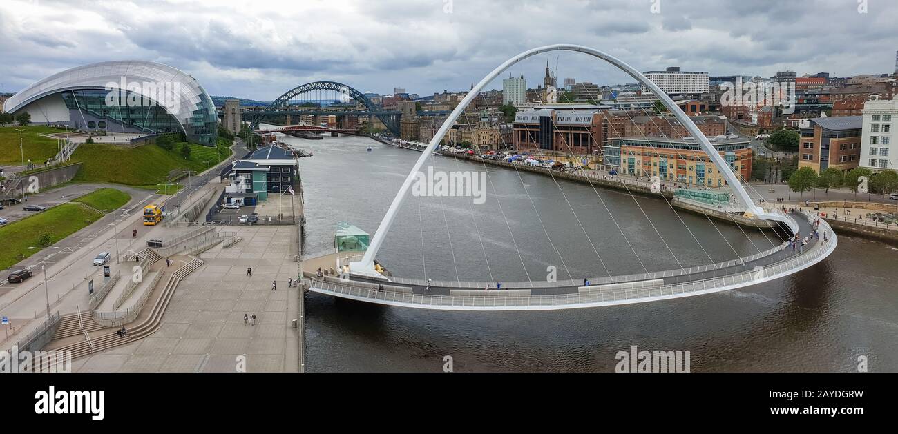 Panoramic view of Newcastle and Gateshead Quayside and Bridges in north east  England Stock Photo