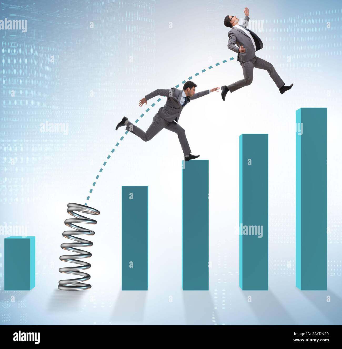Business people jumping over bar charts Stock Photo