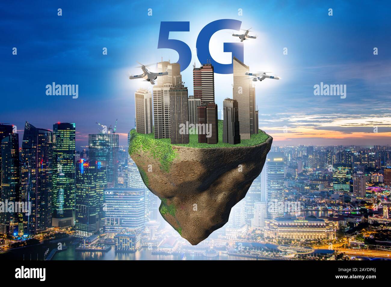 Concept of 5g technology with floating island Stock Photo