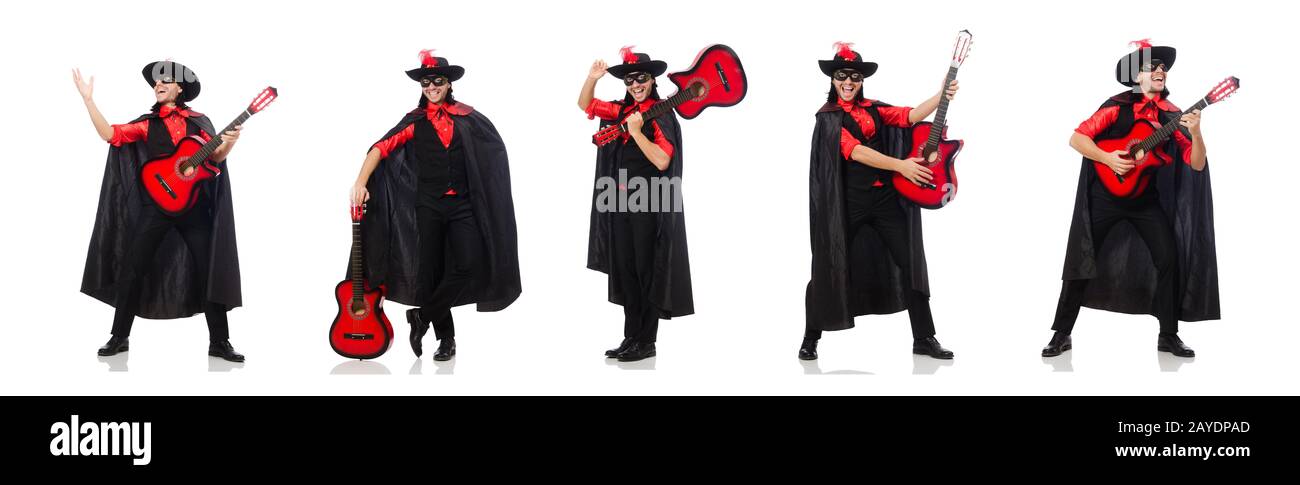 Young man in carnival coat with guitar isolated on white Stock Photo