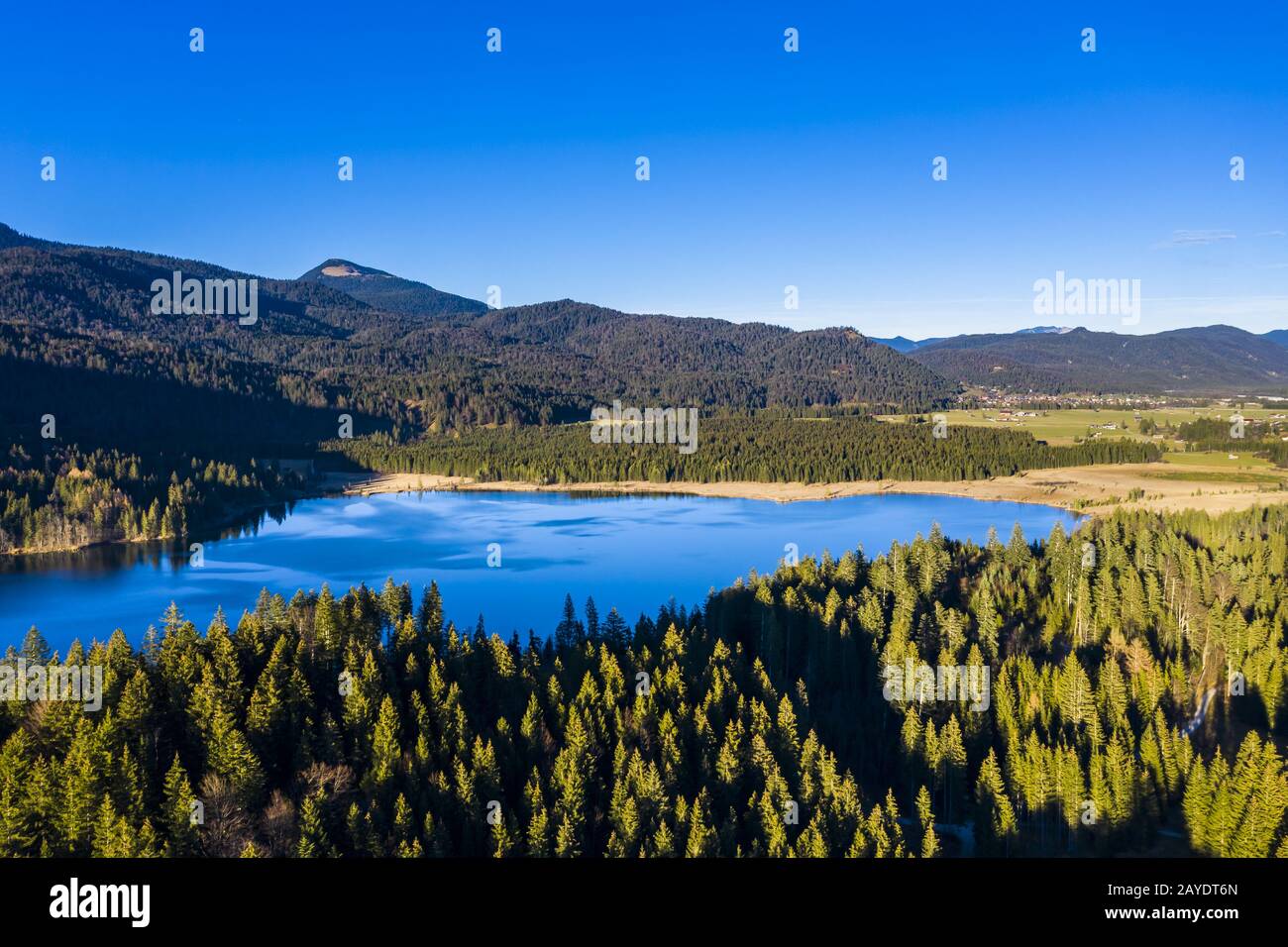 Aerial view, Barmsee, Grubsee, behind the alps, Bavaria, Ger Stock ...