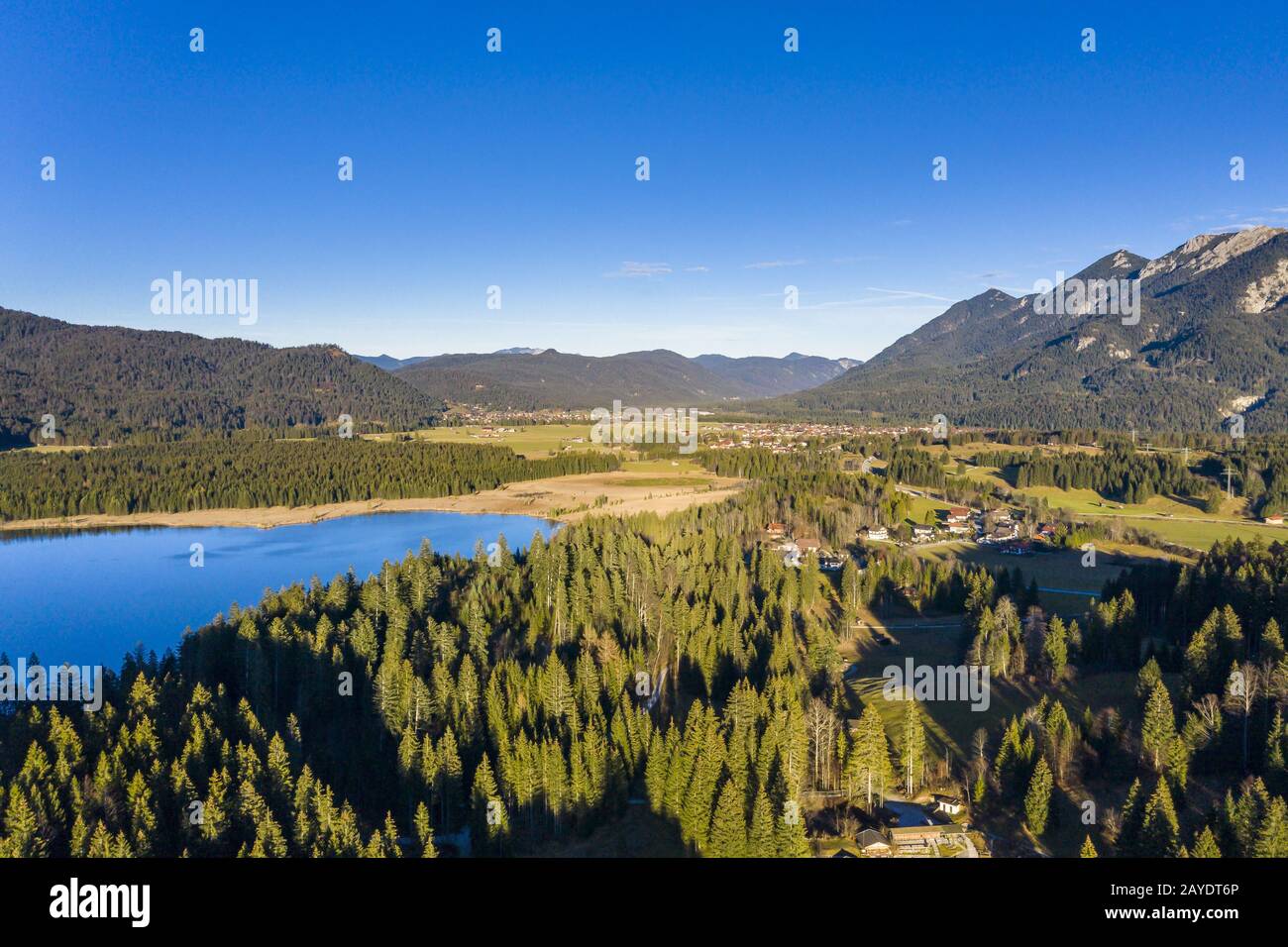 Aerial view, Barmsee, Grubsee, behind the alps, Bavaria, Ger Stock ...