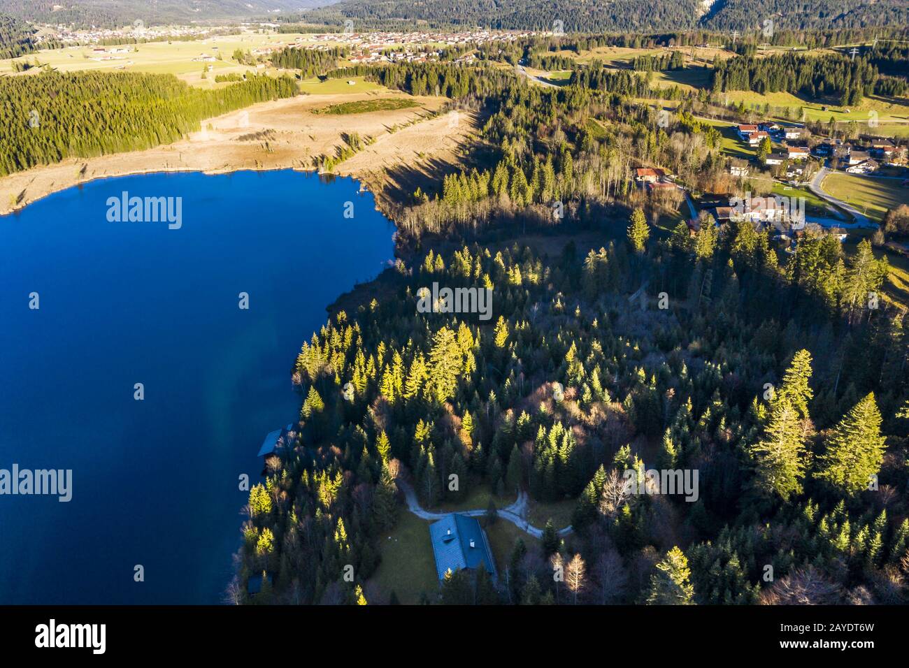 Aerial view, Barmsee, Grubsee, behind the alps, Bavaria, Ger Stock ...