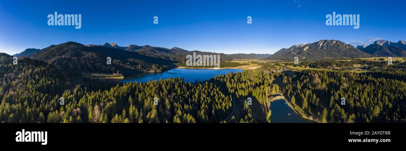 Aerial view, Barmsee, Grubsee, behind the alps, Bavaria, Ger Stock ...