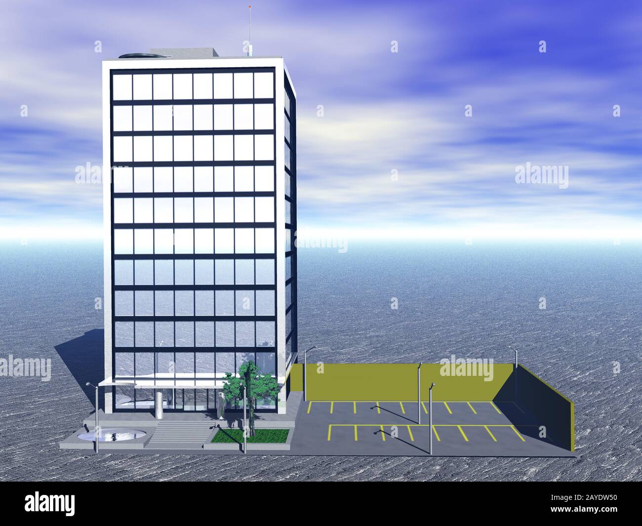 Office tower with green space and parking Stock Photo - Alamy