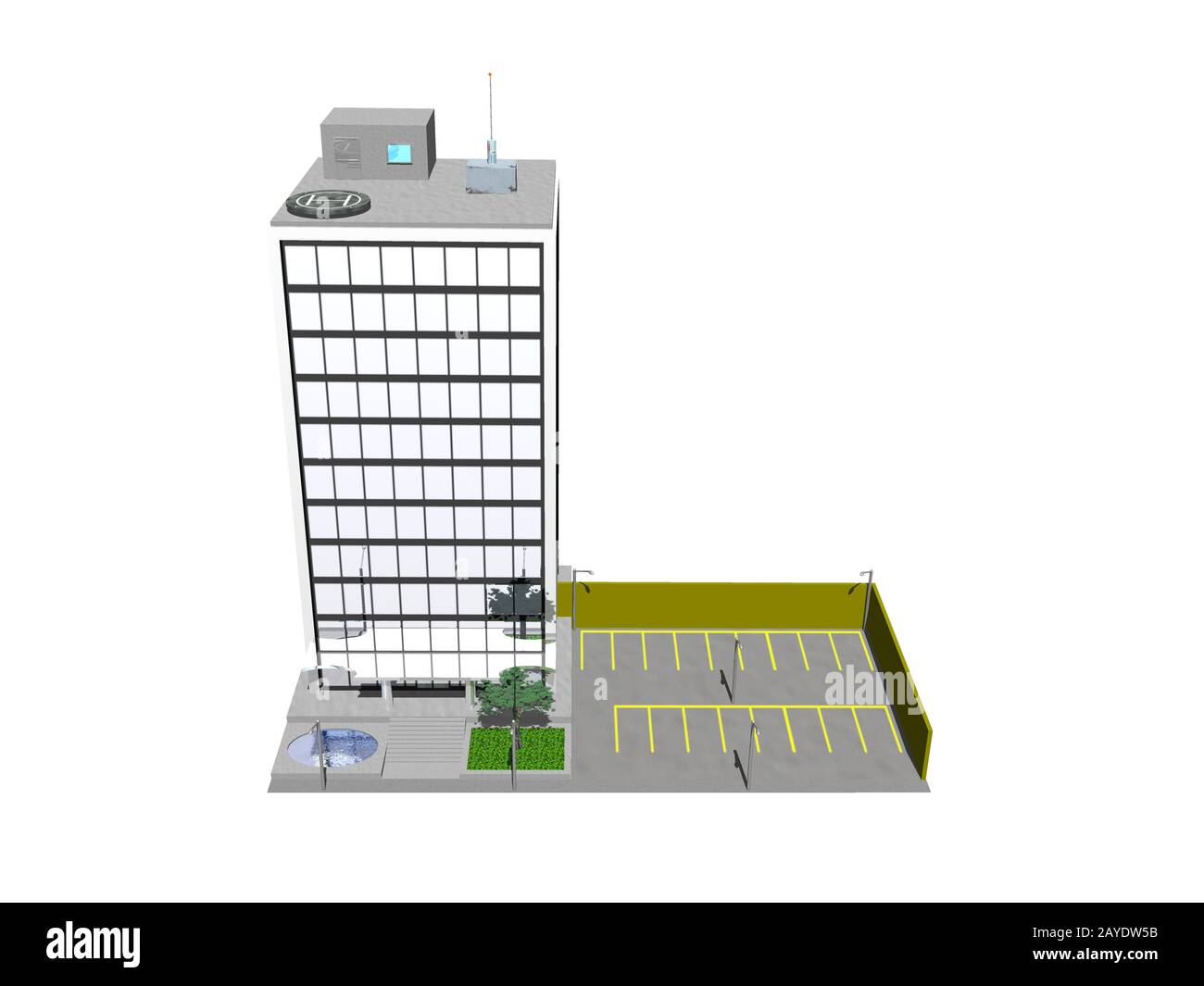 Office tower with green space and parking Stock Photo