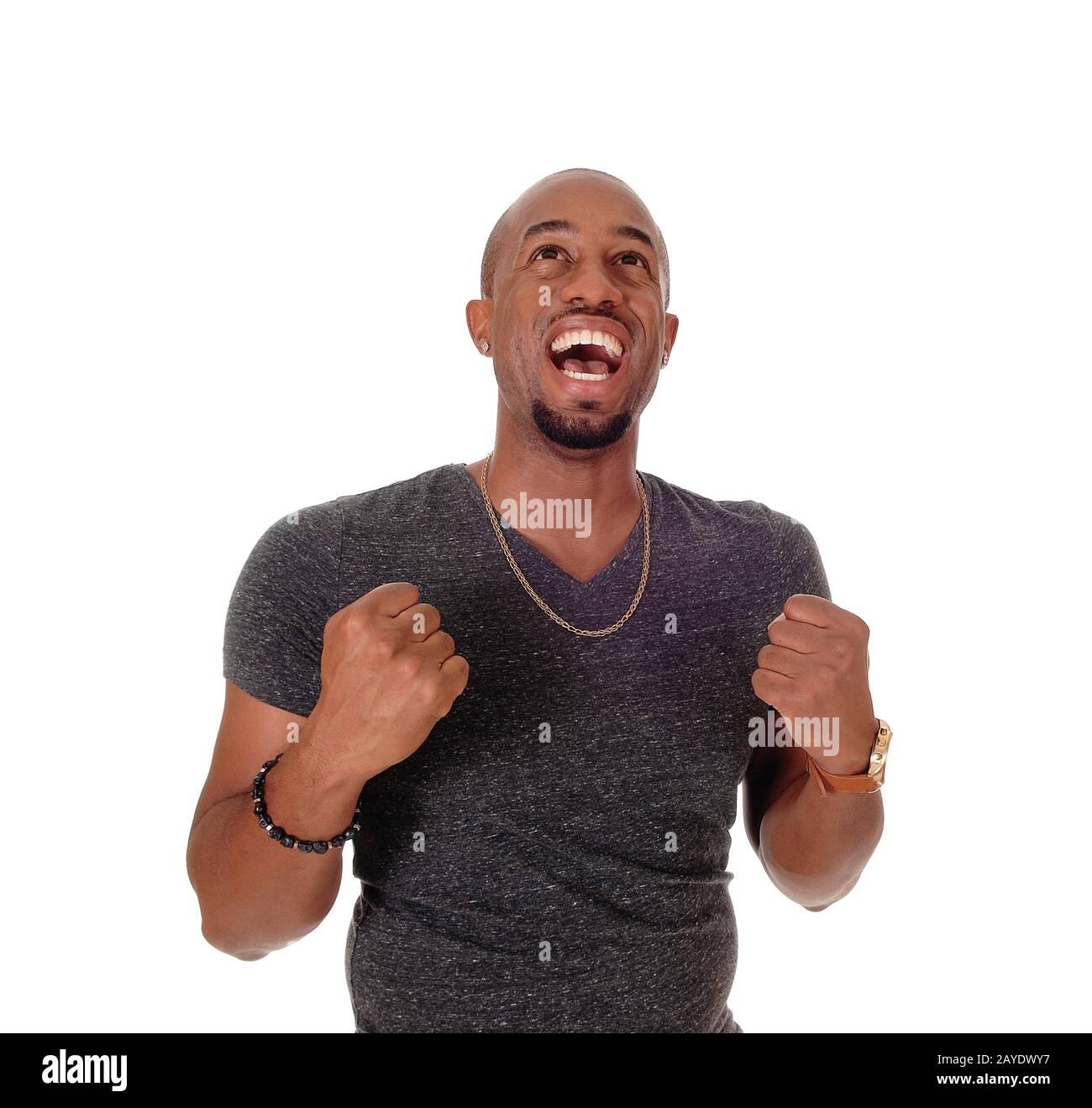 Happy laughing African American man with mouth open Stock Photo