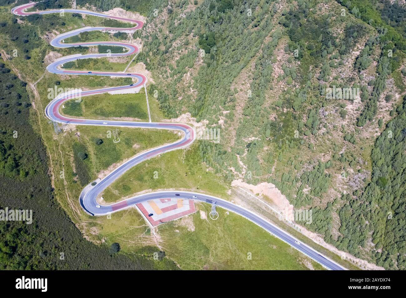 aerial view of winding mountain road Stock Photo