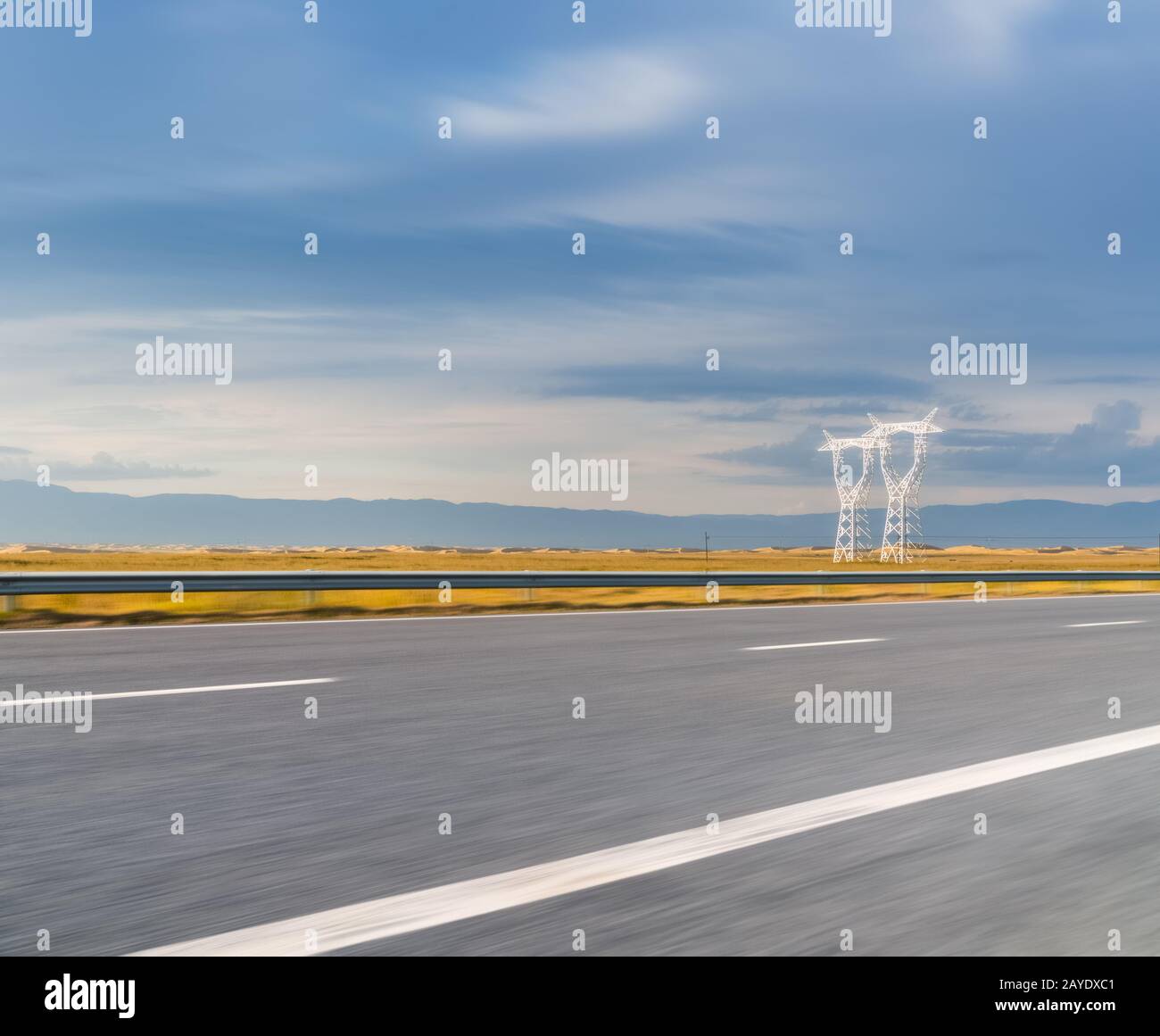 highway motion blur on gobi desert Stock Photo