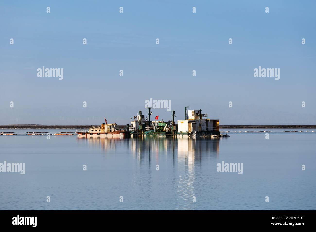 barge for salt harvest on qarhan salt lake Stock Photo