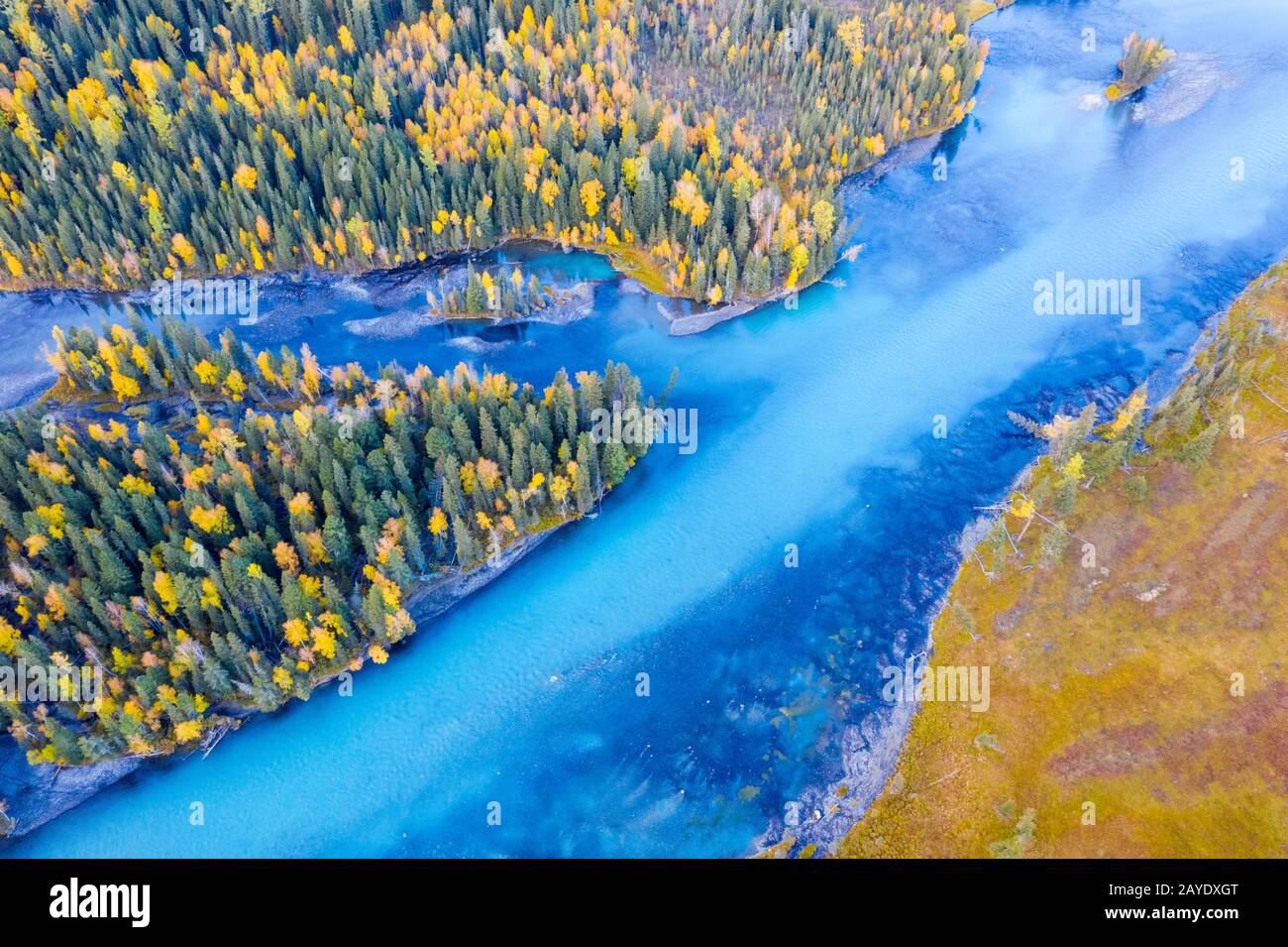 aerial view of beautiful kanas river landscape in autumn Stock Photo