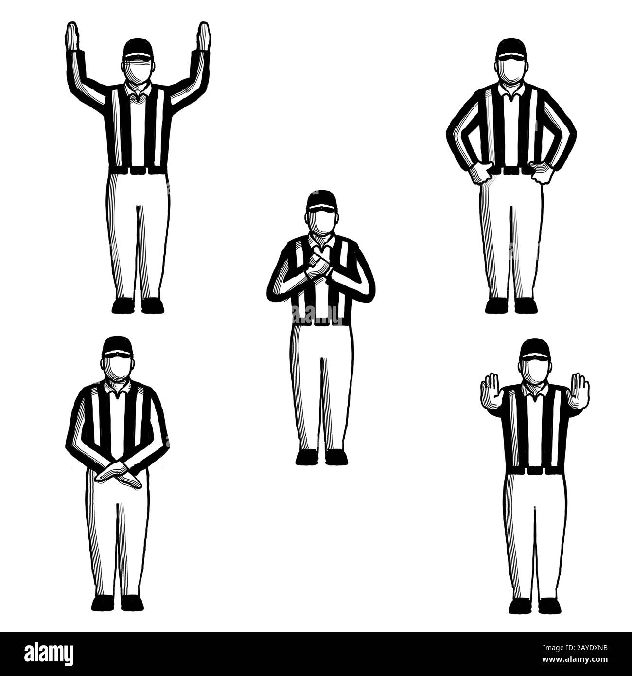 American Football Official Hand Signals Drawing Retro Black and White Collection Set Stock Photo