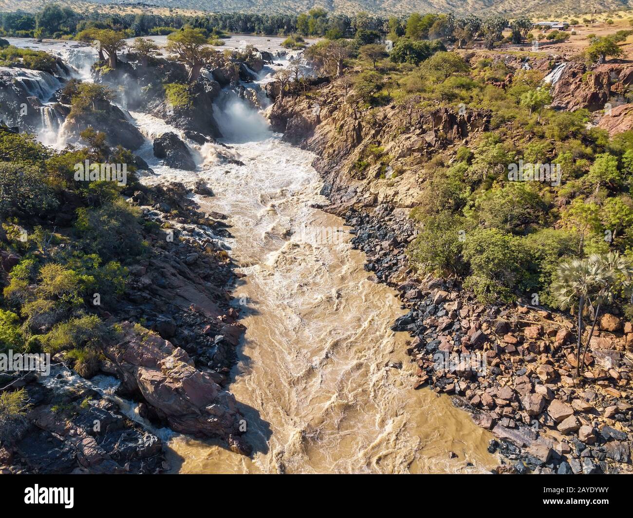 aerial Epupa Falls on the Kunene River in Namibia Stock Photo