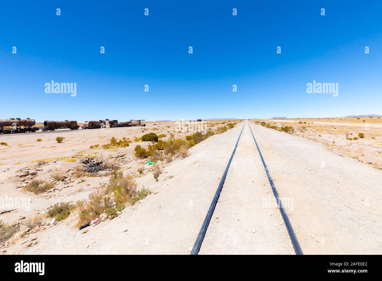 Bolivia Uyuni railway crossing the salar Stock Photo