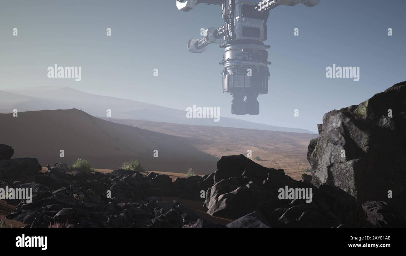 alien spaceship rotate over desert. ufo Stock Photo - Alamy