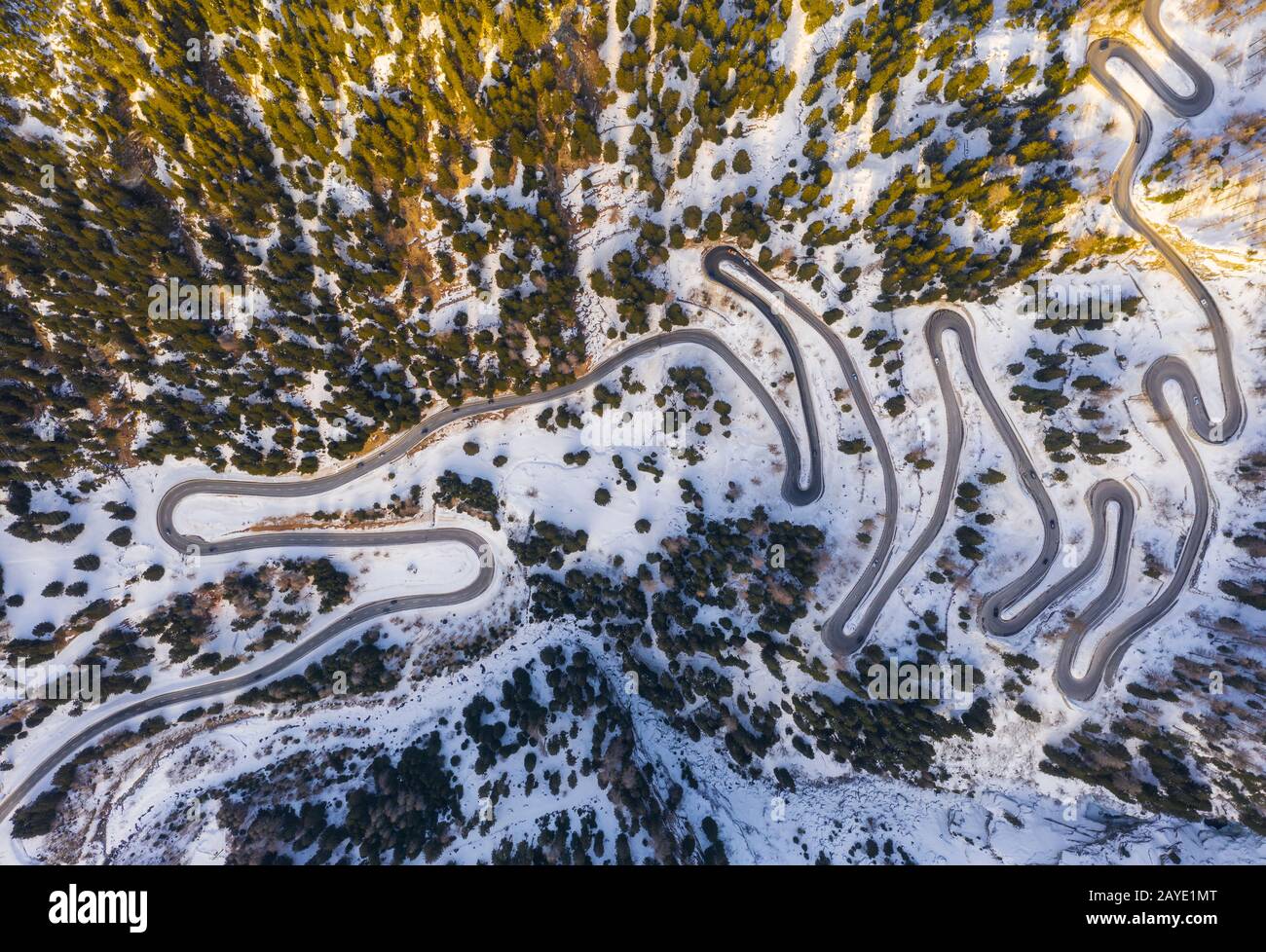 Aerial view of Maloja Pass at sunset, Maloja, Val Bregaglia, Engadin, Grisons, Switzerland, Southern Europe Stock Photo