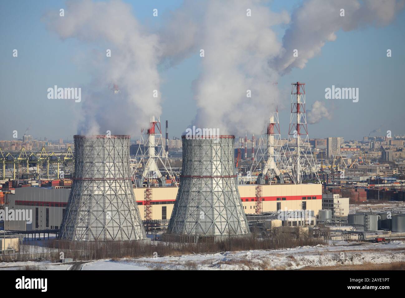 thermal power plant cooling tower in the foreground Stock Photo