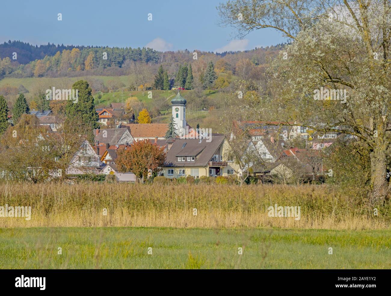 Möggingen with St. Gallus, part of town from Radolfzell at the Lake Constance Stock Photo